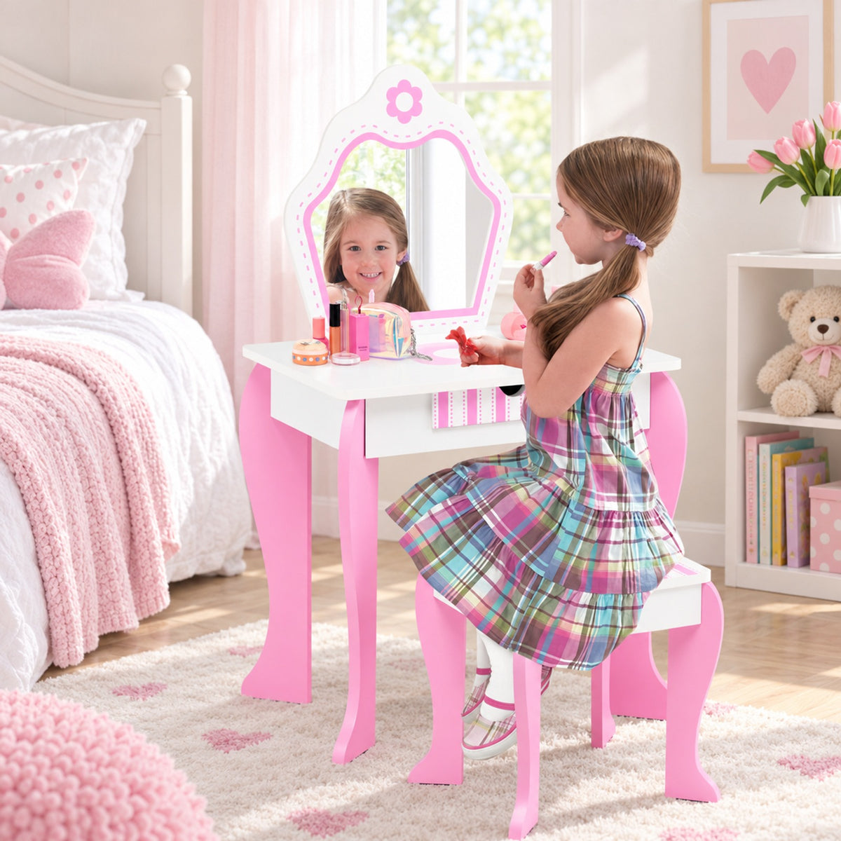 Airfind 2-in-1 Toddler Vanity Set with Detachable Top and Cute Flower Patterns, 66 lbs Capacity, MDF acrylic Frame, White