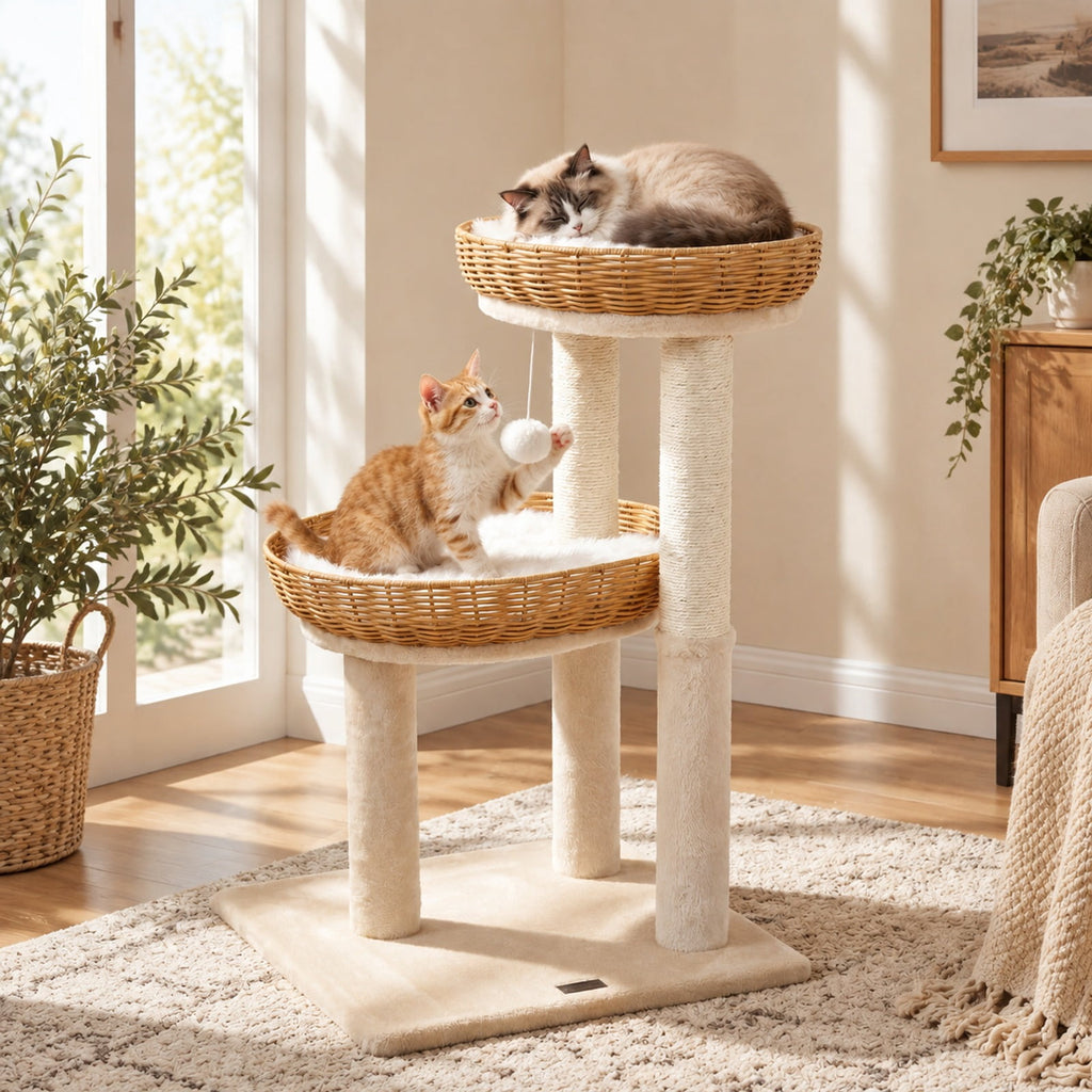 Airfind 30-Inch Cat Tower with 2 Rattan Cat Baskets for Indoor Kittens, 33 lbs Capacity, Engineered Wood Metal Sisal PE Rattan Fabric Frame, Beige