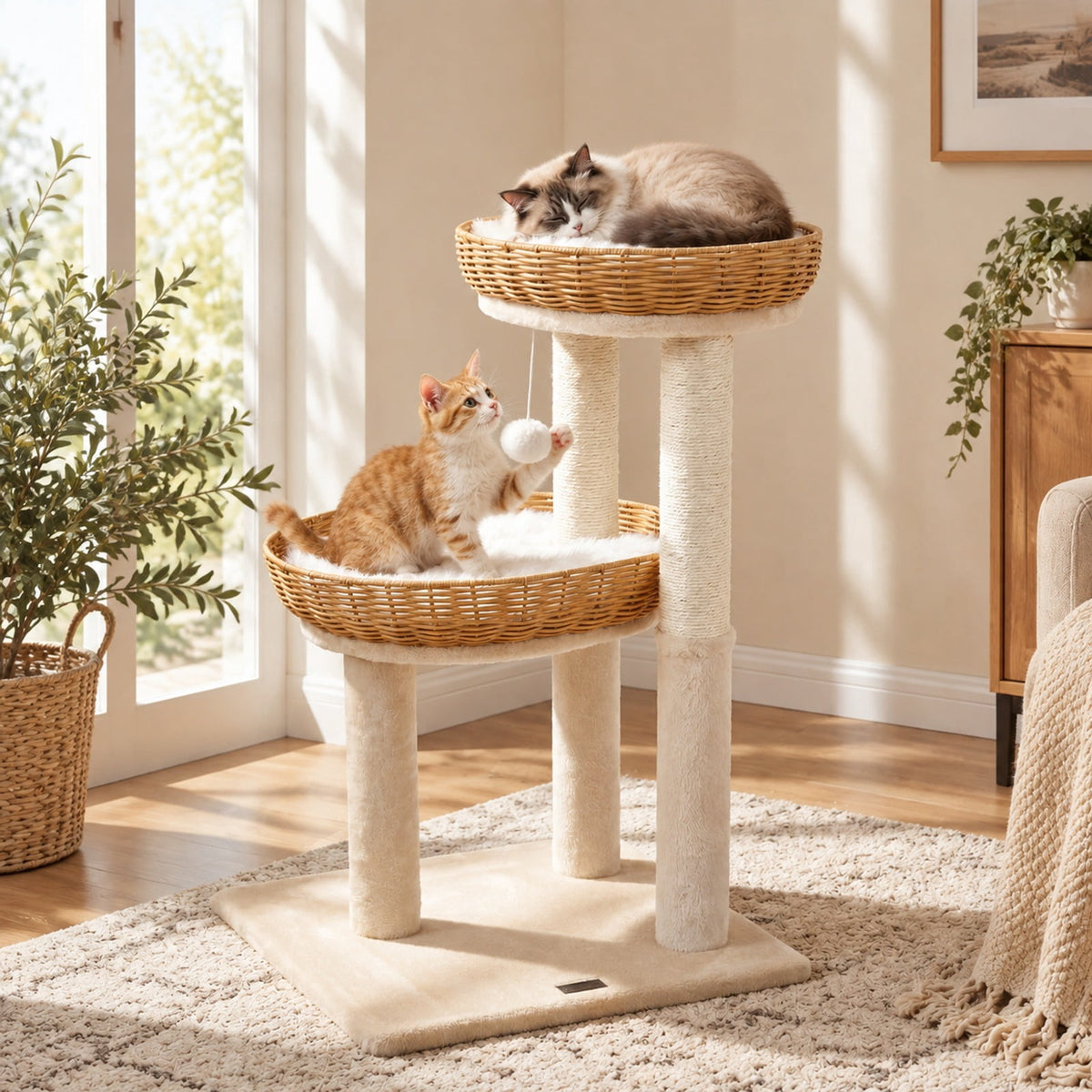 Airfind 30-Inch Cat Tower with 2 Rattan Cat Baskets for Indoor Kittens, 33 lbs Capacity, Engineered Wood Metal Sisal PE Rattan Fabric Frame, Beige