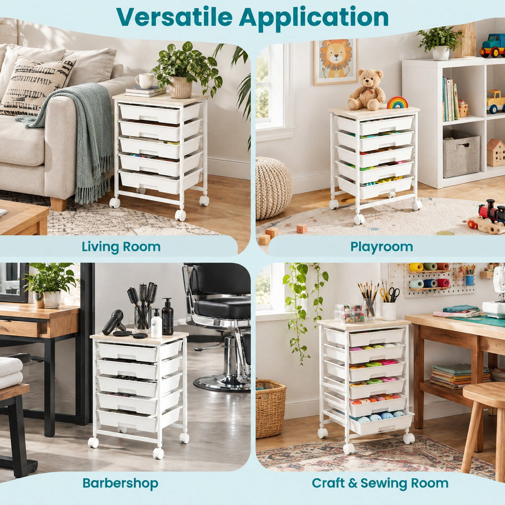 Airfind 5-Drawer Rolling Cart with Wooden Tabletop and Metal for Craft Room, 33 lbs Capacity, Metal PP Engineered Wood, White