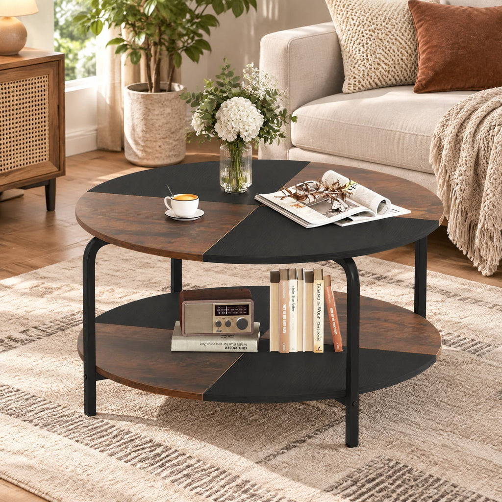 Airfind 2-Tier Round Coffee Table Metal Frame with Storage Shelf, 220 lbs Capacity, Engineered Wood Metal Frame, Coffee