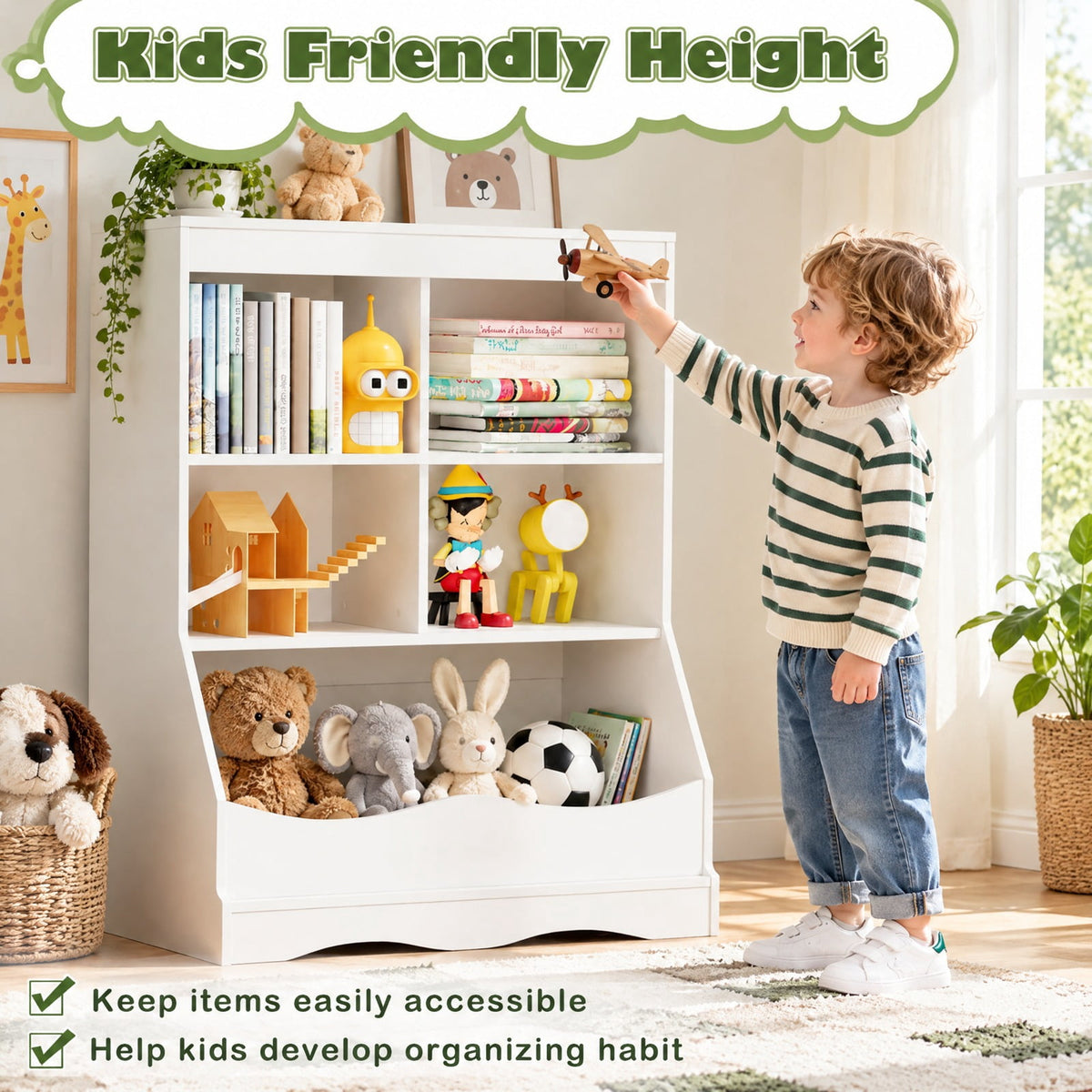 Airfind 3-Tier Childrens Multi-Functional Bookcase Toy Storage Bin Floor Cabinet, 66 lbs Capacity, MDF Engineered Wood Frame, White
