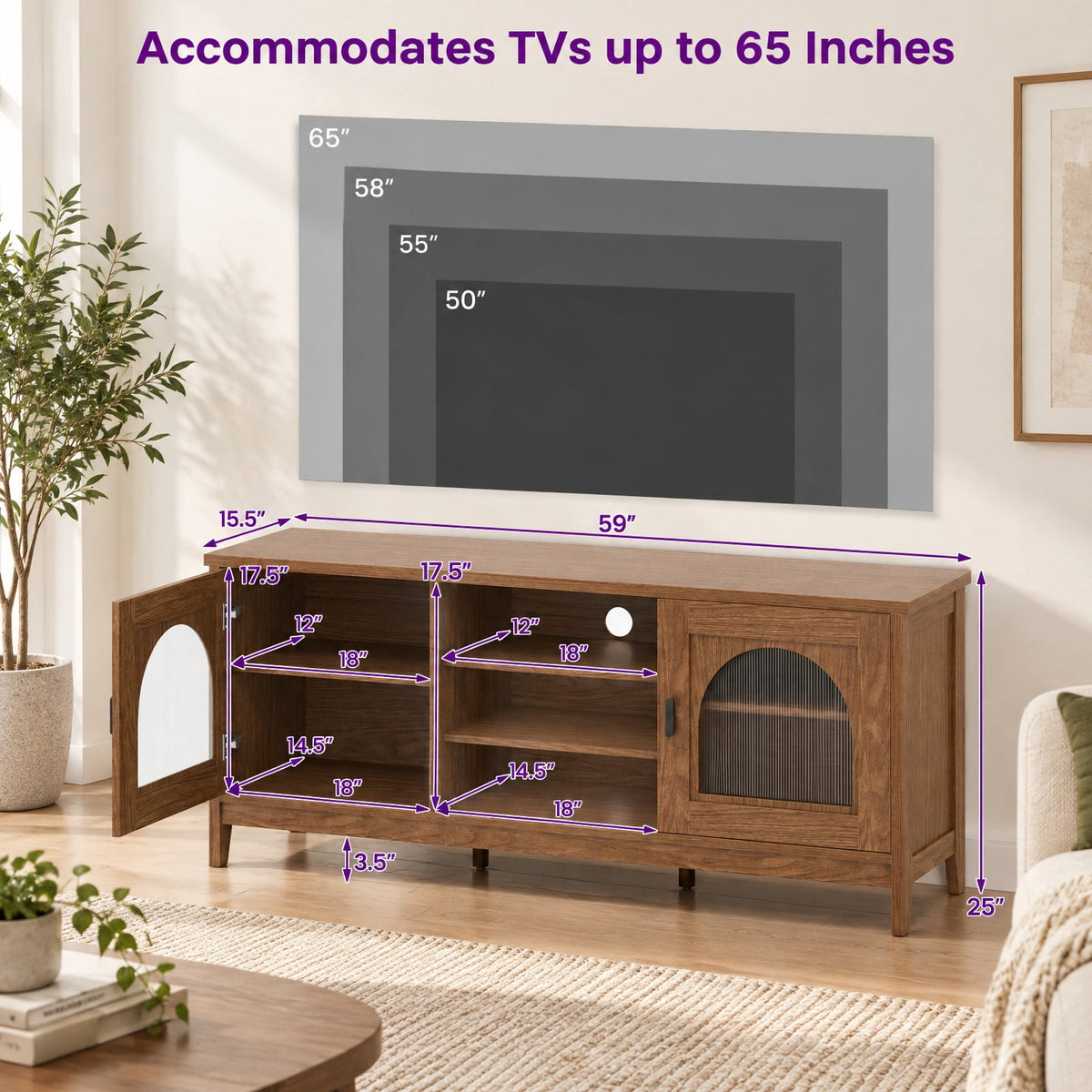 Airfind Modern Vintage TV Cabinet, with Adjustable Shelves and 2 Cable Holes for TVs up to 65 Inches, 176 lbs Capacity, Engineered Wood Frame, Walnut