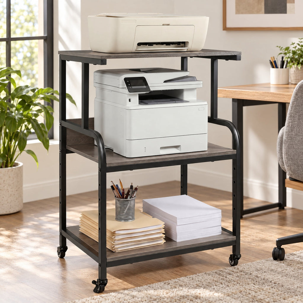 Airfind 3-Tier Rolling Printer Stand with Adjustable Shelf and Lockable Wheels, 44 lbs Capacity, Metal Engineered Wood Frame, Oak