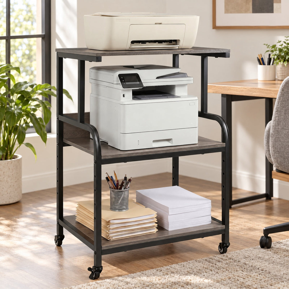 Airfind 3-Tier Rolling Printer Stand with Adjustable Shelf and Lockable Wheels, 44 lbs Capacity, Metal Engineered Wood Frame, Oak