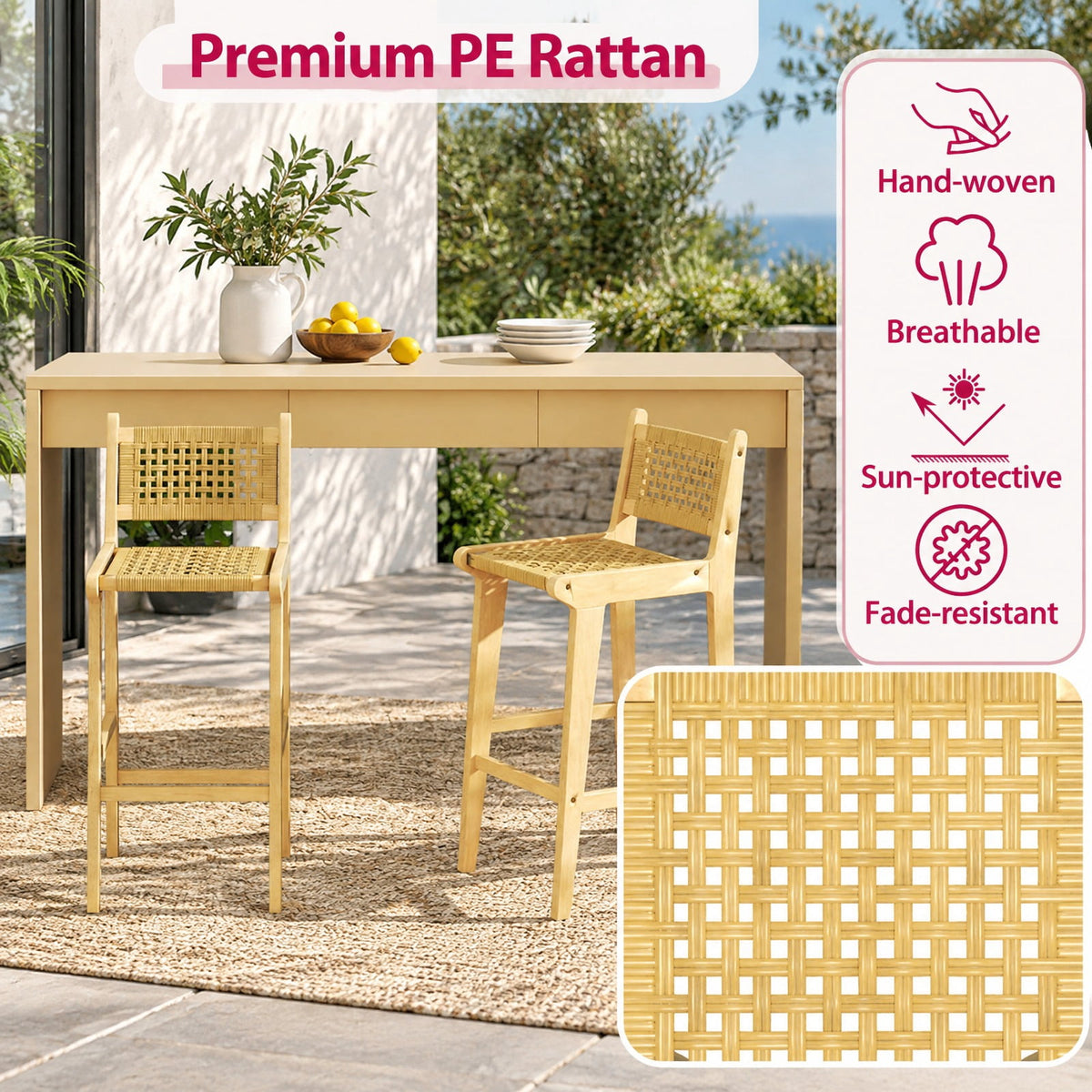 Airfind Patio Teak Wood Bar Stool with Rattan Backrest and Seat, Bar Stool 350 lbs Capacity, Teak Wood PE Rattan Frame, 16 x 19.5 x 40 Footprint