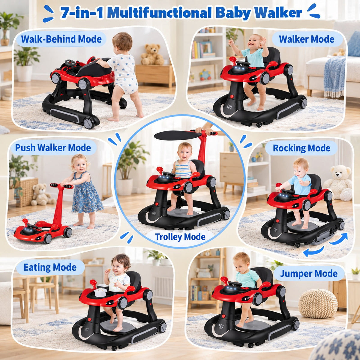 Airfind 6-in-1 Baby Walker with Canopy Portable Activity Center Bouncer Rocker Combo with Music, 27 lbs Capacity, PP ABS Fabric Sponge Frame, Red