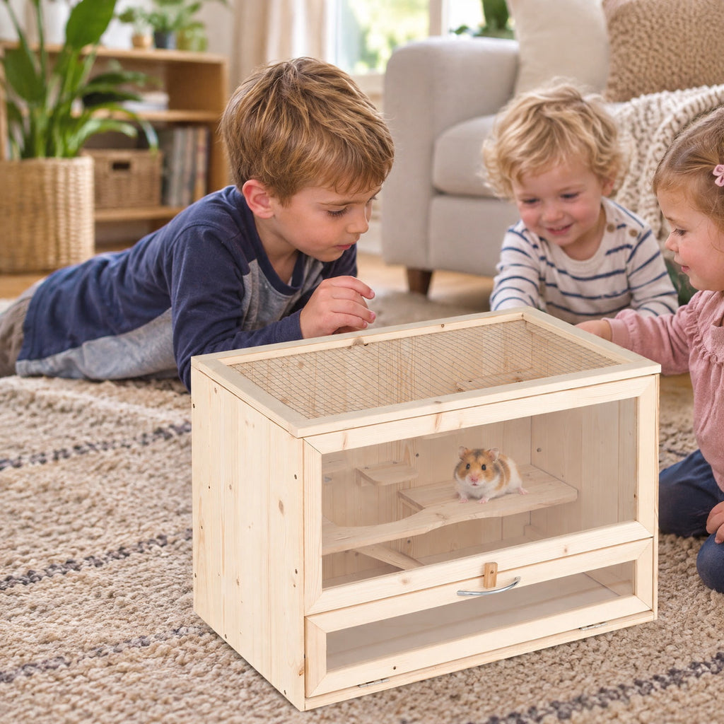 Airfind Wooden Hamster Cage with Mesh Flip Roof, Fir Wood Acrylic Frame, 23.5 x 14 x 16.5 Cage Inside Footprint, Natural