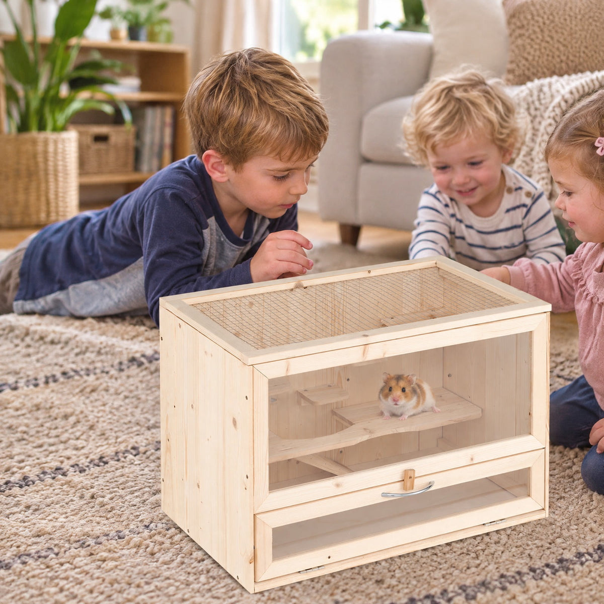 Airfind Wooden Hamster Cage with Mesh Flip Roof, Fir Wood Acrylic Frame, 23.5 x 14 x 16.5 Cage Inside Footprint, Natural