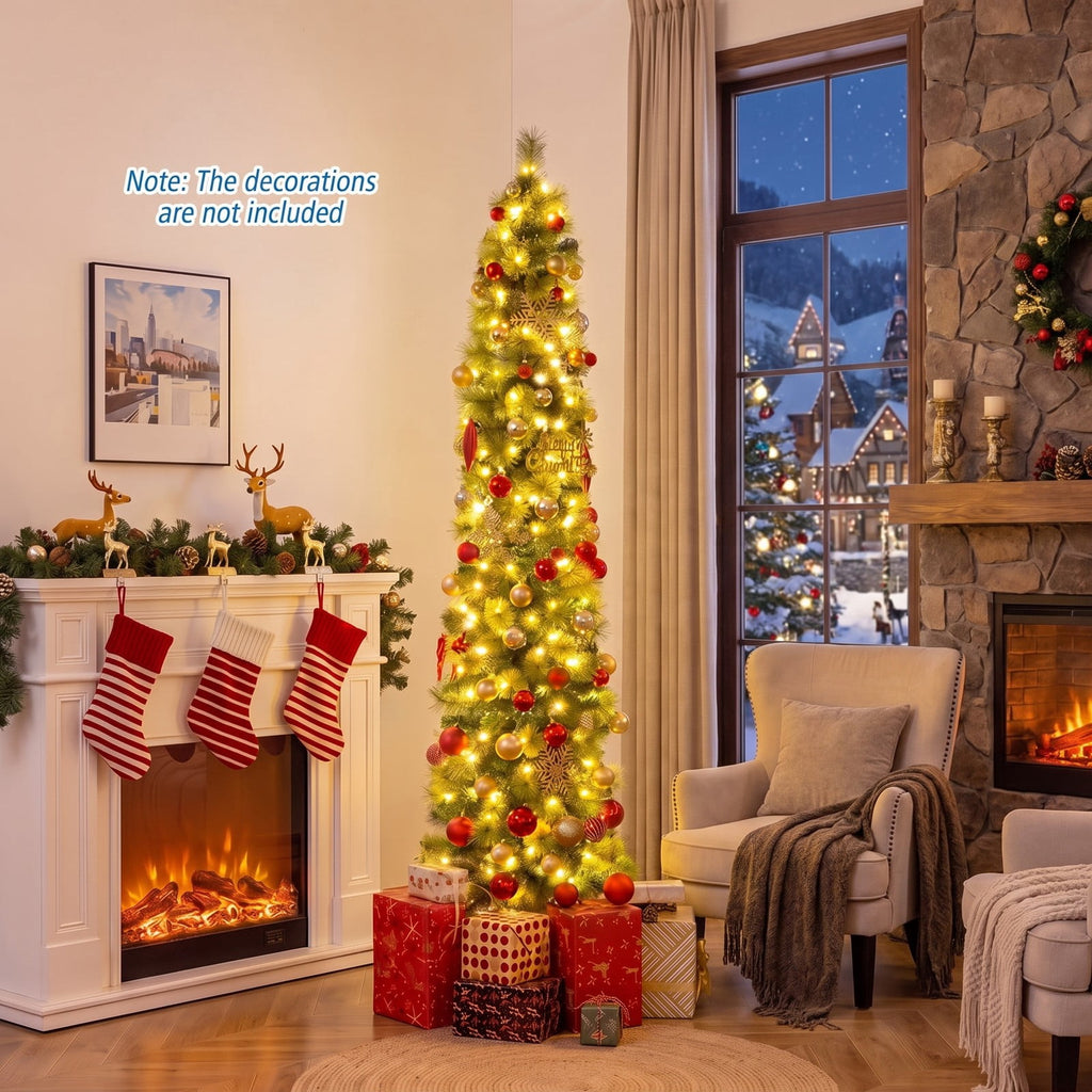 Airfind 6/7/8 FT Pre-Lit Pencil Artificial Christmas Tree with 120/150/200 LED Warm White Lights and 8 Modes, White