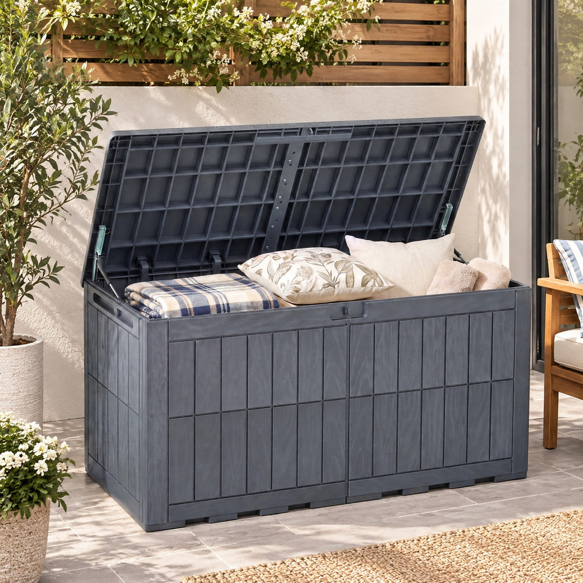 Airfind 120 Gal Outdoor Deck Box with Lid and Handles for Garden Tools, 540 lbs Capacity, PP Metal, 52 Inch x 24 Inch x 25 Inch , Gray