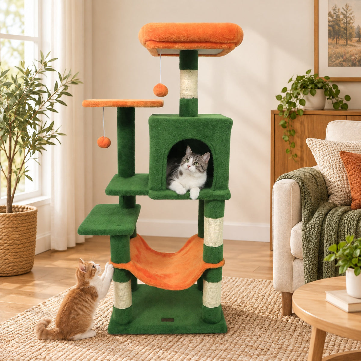 Airfind Multi-Level Cat Tower with 2-Door Condo and Padded Top Perch, PP Cotton Fabric Sisal Engineered Wood Overall Height 44 Base Frame, Green