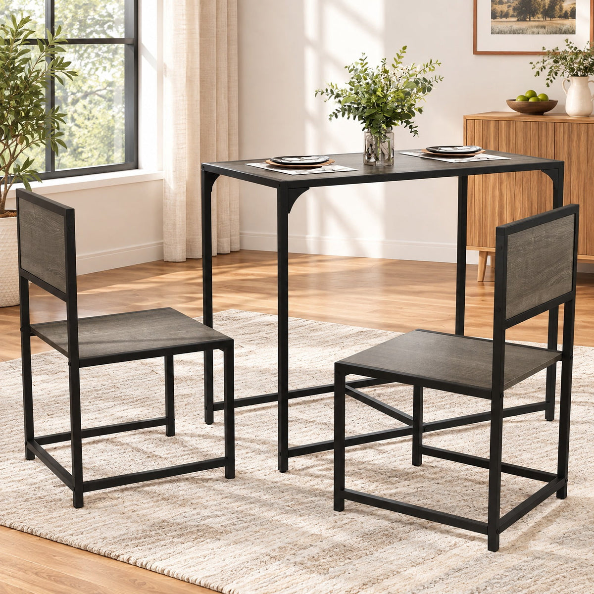 Airfind 3 Pieces Dining Set Compact Table and 2 Chair with Metal Frame for Small Space, 200 lbs Capacity, Engineered Wood Metal Frame, Rustic Brown