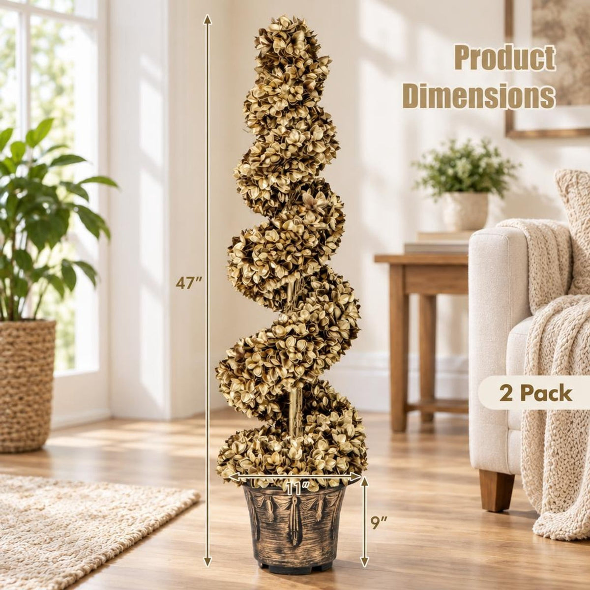Airfind 4 FT Artificial Topiary Spiral Tree Set of 2 with Vintage Plastic Nursery Pot, PE Metal Cement Foam Tree Height 47 Flower Pot Frame, Gold