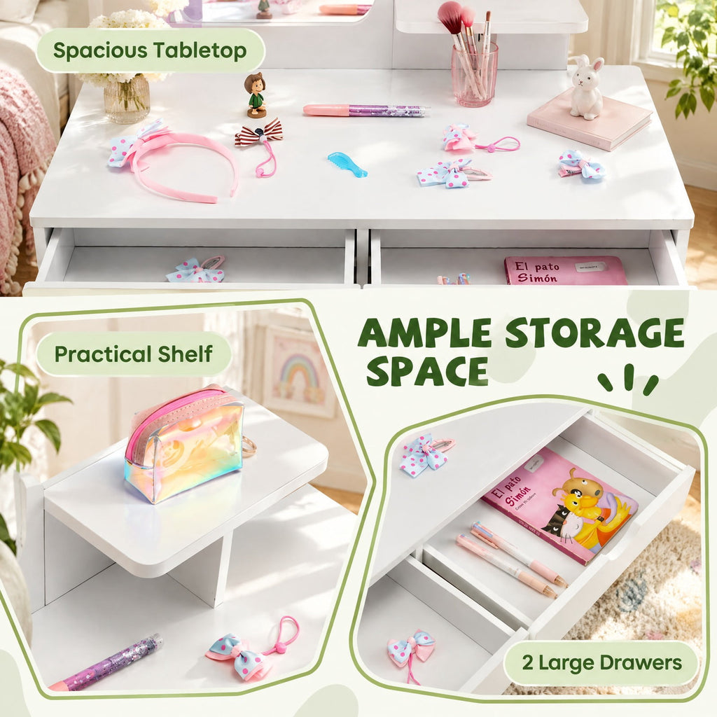 Airfind Kid Vanity Table Chair Set with Mirror and 2 Large Storage Drawers, 44 lbs Capacity, Pine wood MDF Frame, 28in x 13in x 39in Footprint, White