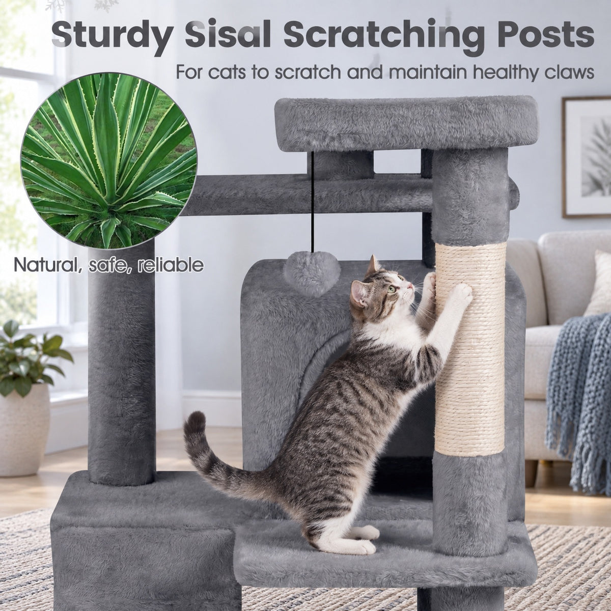 Airfind 52 Inch Tall Cat Tree Tower for Indoor Cats, 22 lbs Capacity, Engineered Wood Sponge Plush Fabric Sisal Frame, Light Gray