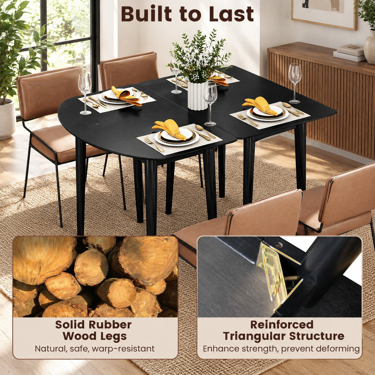 Airfind Extendable Oval Dining Table Set with 2 Half-Round Tables for 4-6 People, 260 lbs Capacity, MDF Rubber Wood Frame, Black