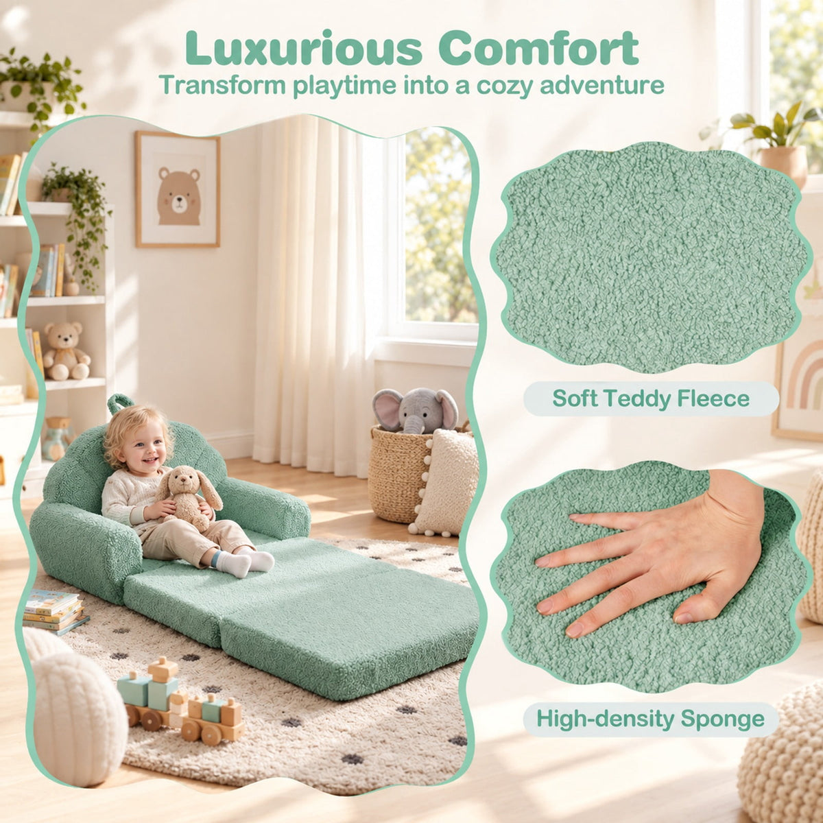 Airfind Convertible Kids Sofa 2, in, 1 Fold out Toddler Couch Chair, Green, Can be used as a sofa chair or a flat lounge bed, No assembly needed
