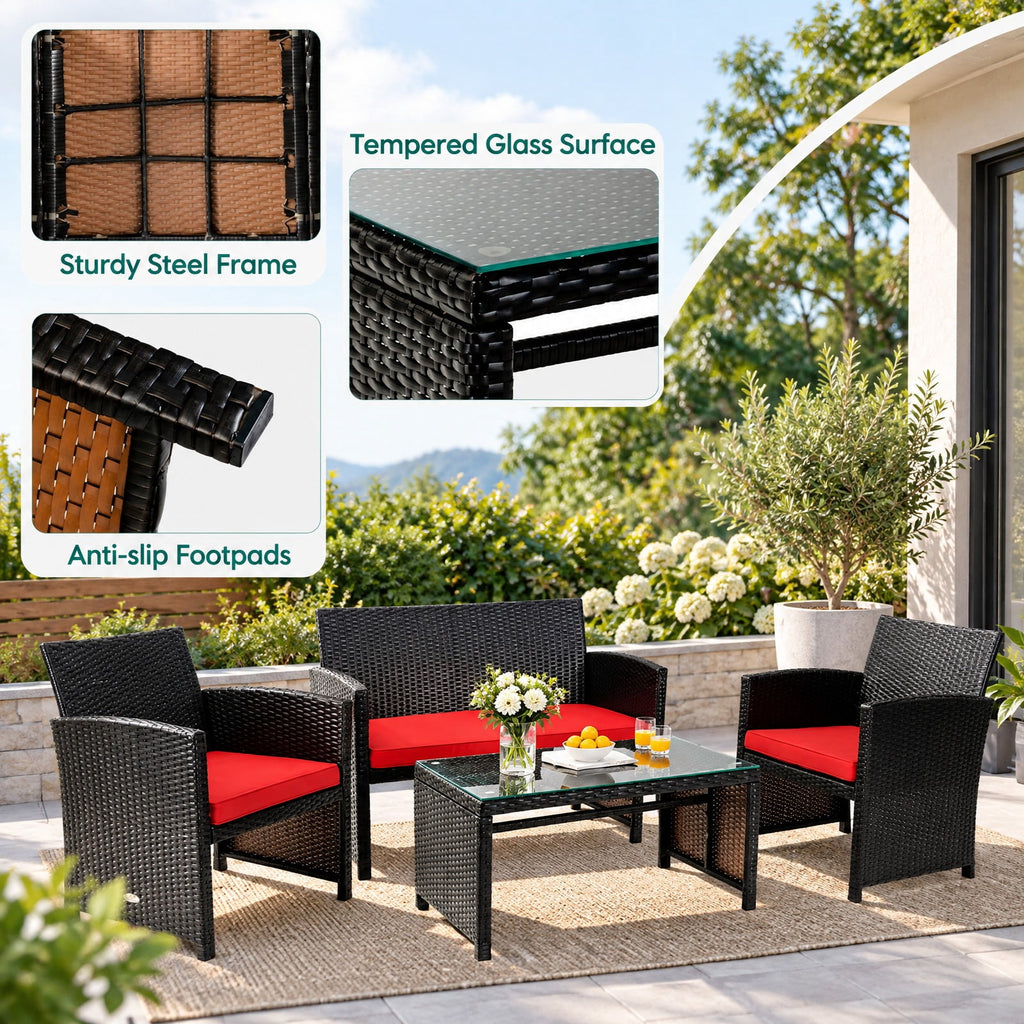 Airfind 4 Pieces Patio Rattan Cushioned Furniture Set, Rattan Frame, 43.5 x 25 x 31 Footprint, Red