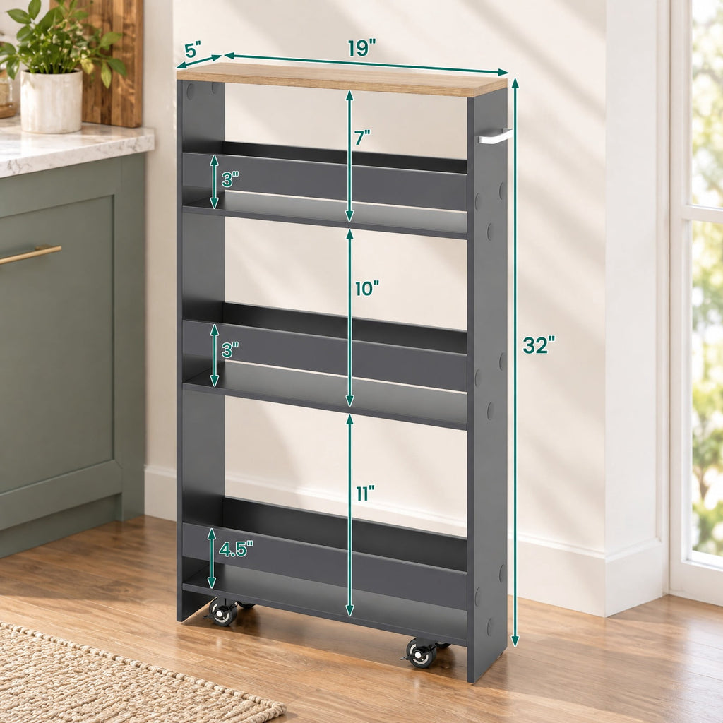 Airfind Rolling Kitchen Slim Storage Cart Mobile Shelving Organizer with Handle, Engineered wood Frame, 19in x 5in x 32in Footprint, Gray