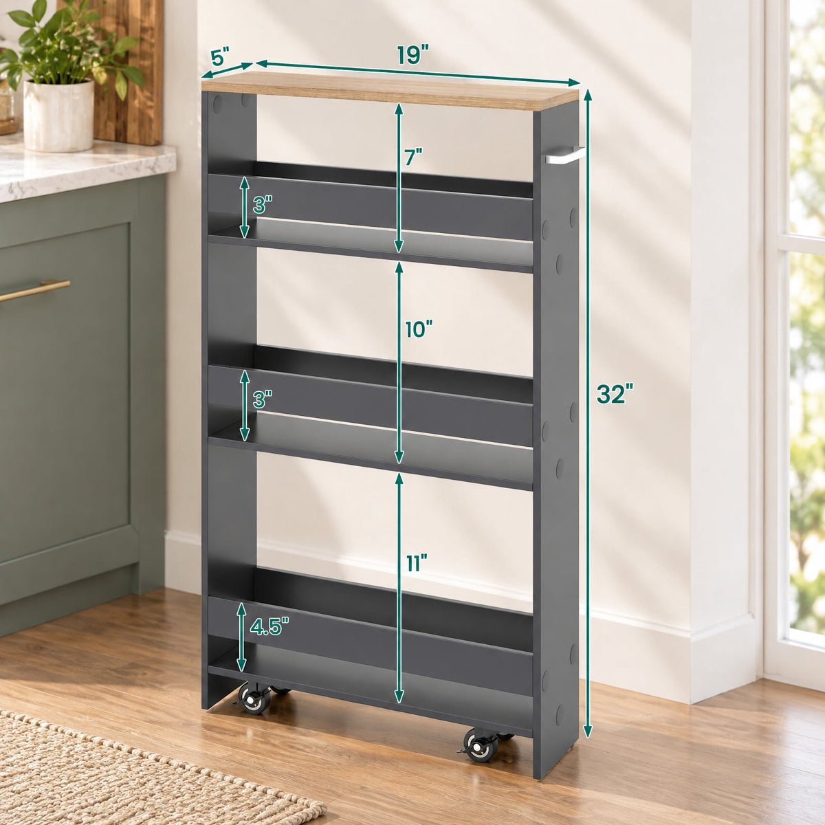 Airfind Rolling Kitchen Slim Storage Cart Mobile Shelving Organizer with Handle, Engineered wood Frame, 19in x 5in x 32in Footprint, Gray
