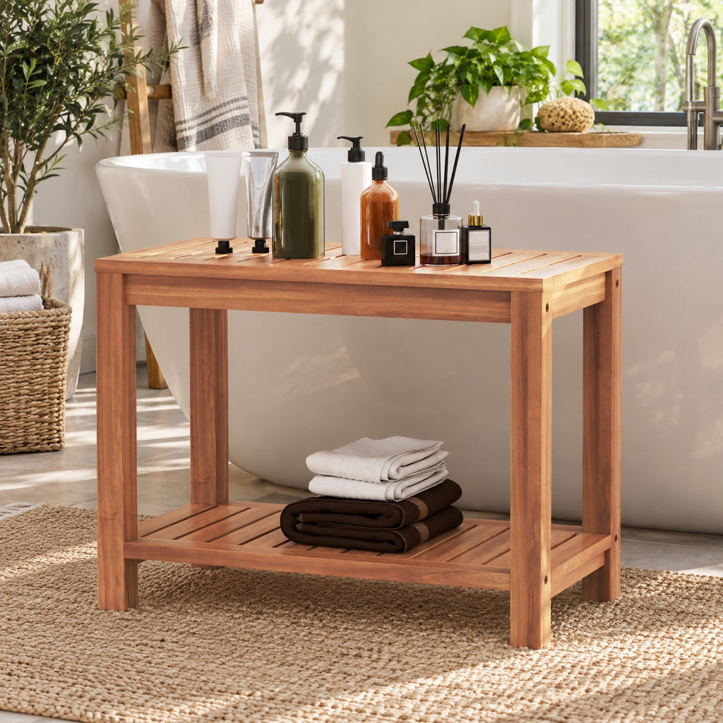 Airfind 24 Inch Teak Wood Shower Bench Inside Shower Stool with Storage Shelf, Teak Wood 19 Inches Frame, 19 x 12.5 x 17.5 Footprint, Wood