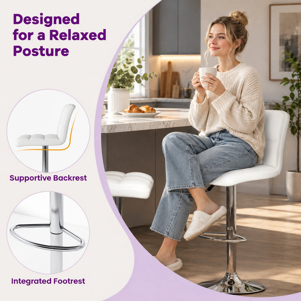 Airfind Set of 2 Square Swivel Adjustable PU Leather Bar Stools with Back and Footrest, 250 lbs Capacity, PU leather steel sponge Frame, White