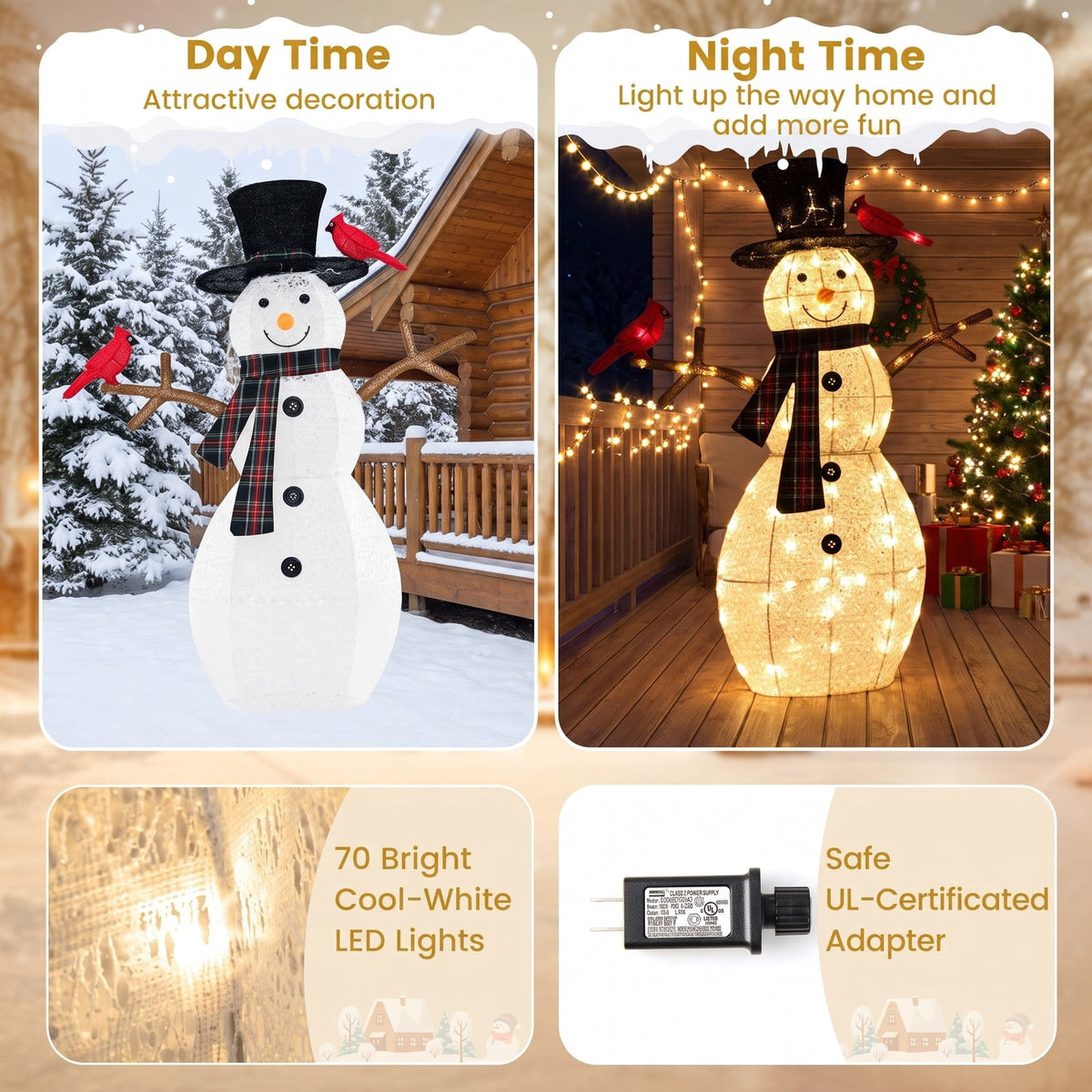 Airfind 4.2 Feet Lighted Snowman and Redbirds Christmas Decoration, Tinsel Fabric Metal Frame, 3.3 x 0.5 x 4.2 ft Footprint, Black+White+Red
