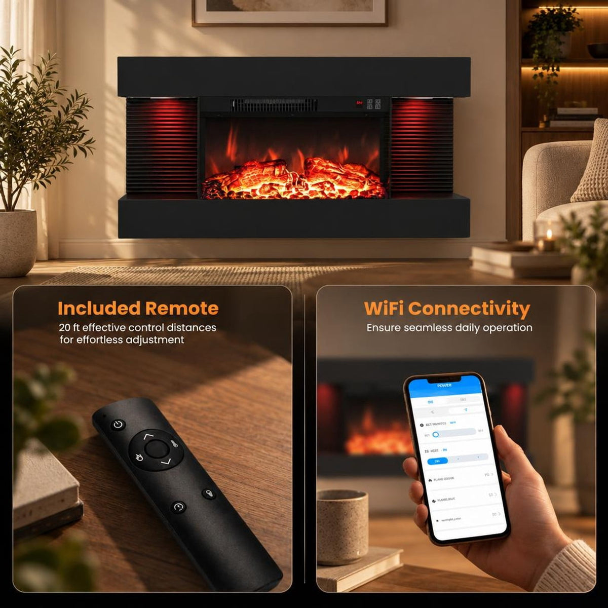 Airfind 3-Sided Black Wall Mount Electric WiFi Fireplace with Floating Mantel and 12 Flame Ambient-32 inches, Metal Tempered Glass Frame, Black