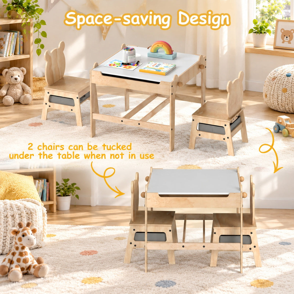 Airfind Kids Table and Chairs Set with Reversible Whiteboard-Panda, 165 lbs Capacity, for 3+ Years Old, Natural