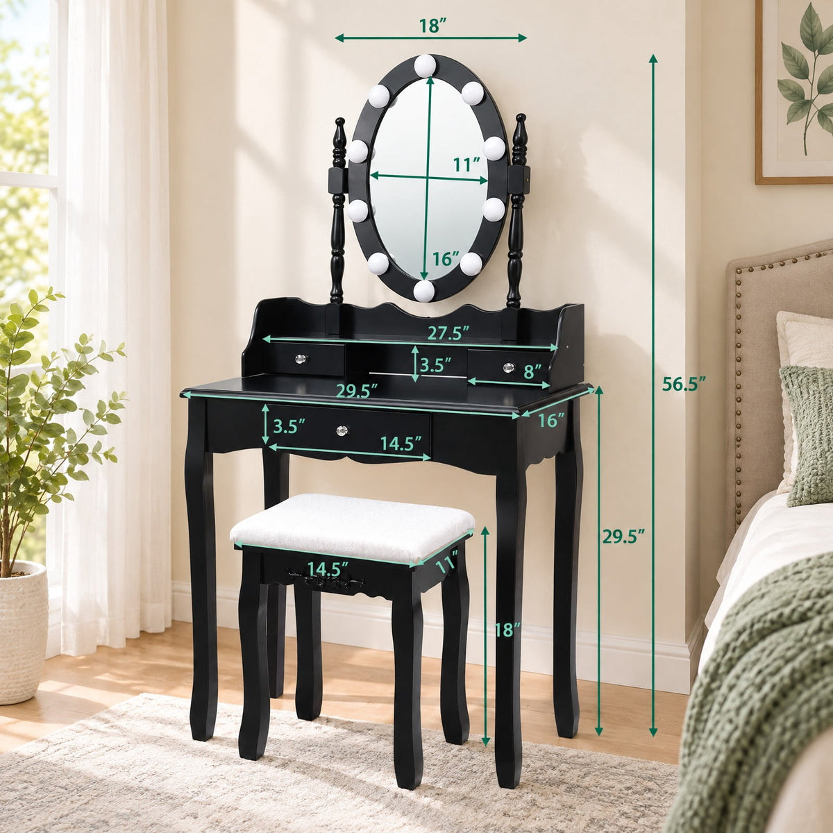 Airfind Oval Mirror Vanity Set with 10 LED Dimmable Bulbs and 3 Drawers, 287 lbs Capacity, MDF Pine Frame, Black
