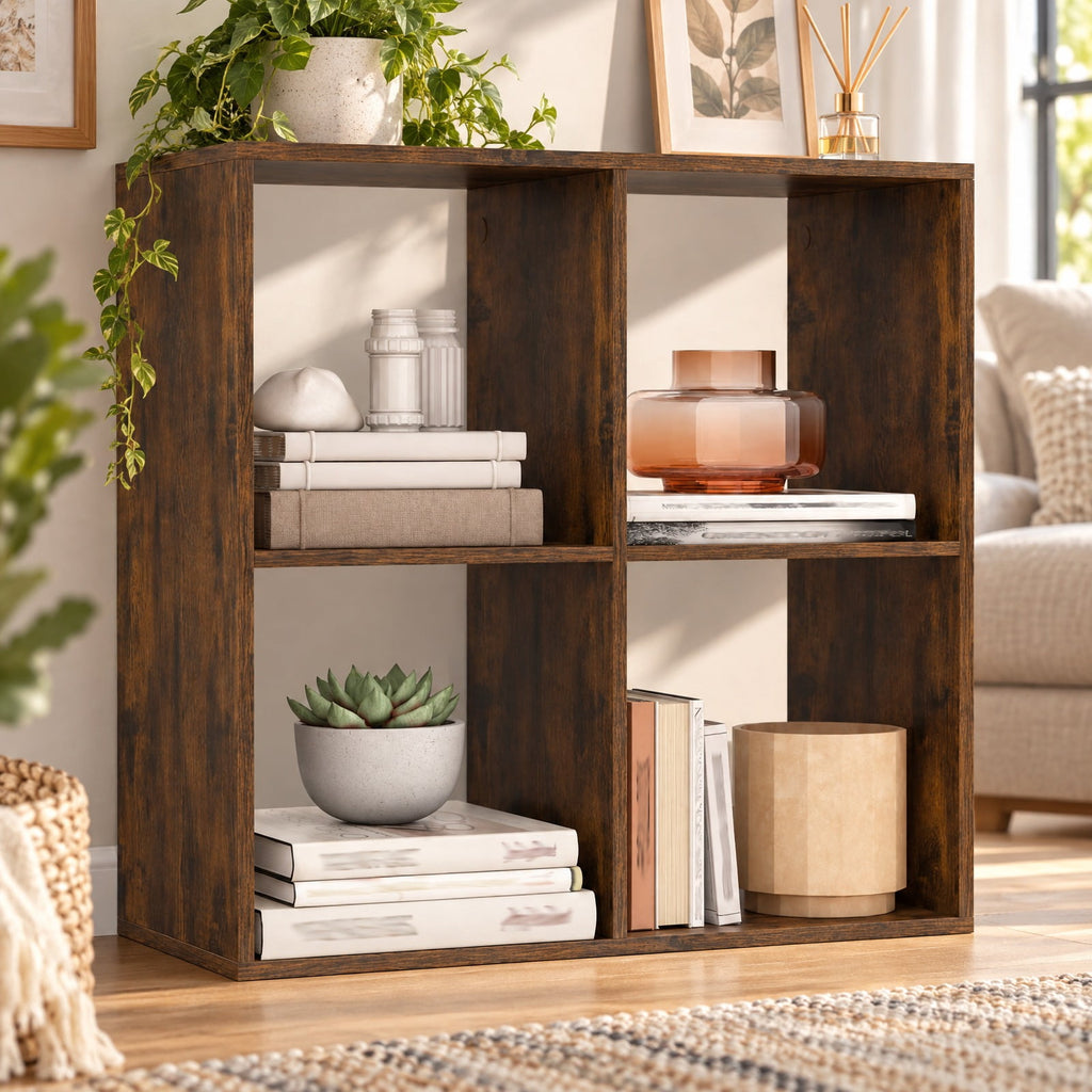 Airfind 4 Cube Bookshelf with Back Guardrail for Living Room Bedroom, 100 lbs Capacity, Engineered Wood Frame, 27.5 x 13 x 27.5 Footprint, Coffee
