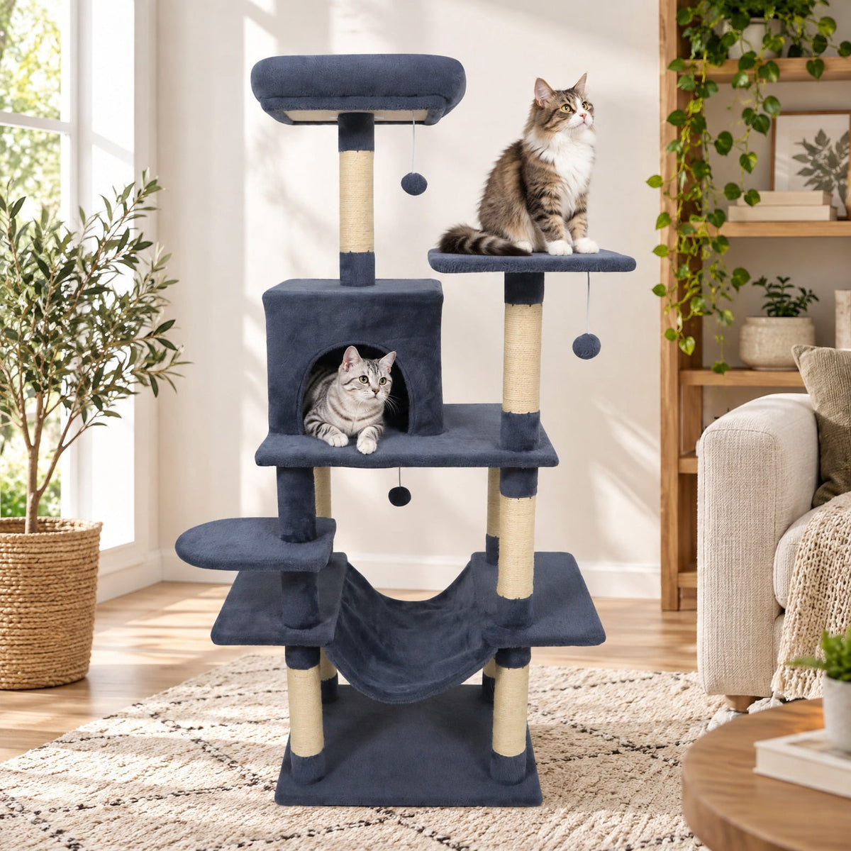 Airfind 58 Multi-Level Cat Tree Soft Plush Cat Tower with Padded Top Perch, PP Cotton Fabric Sisal Engineered Wood Overall Height 58 Base Frame