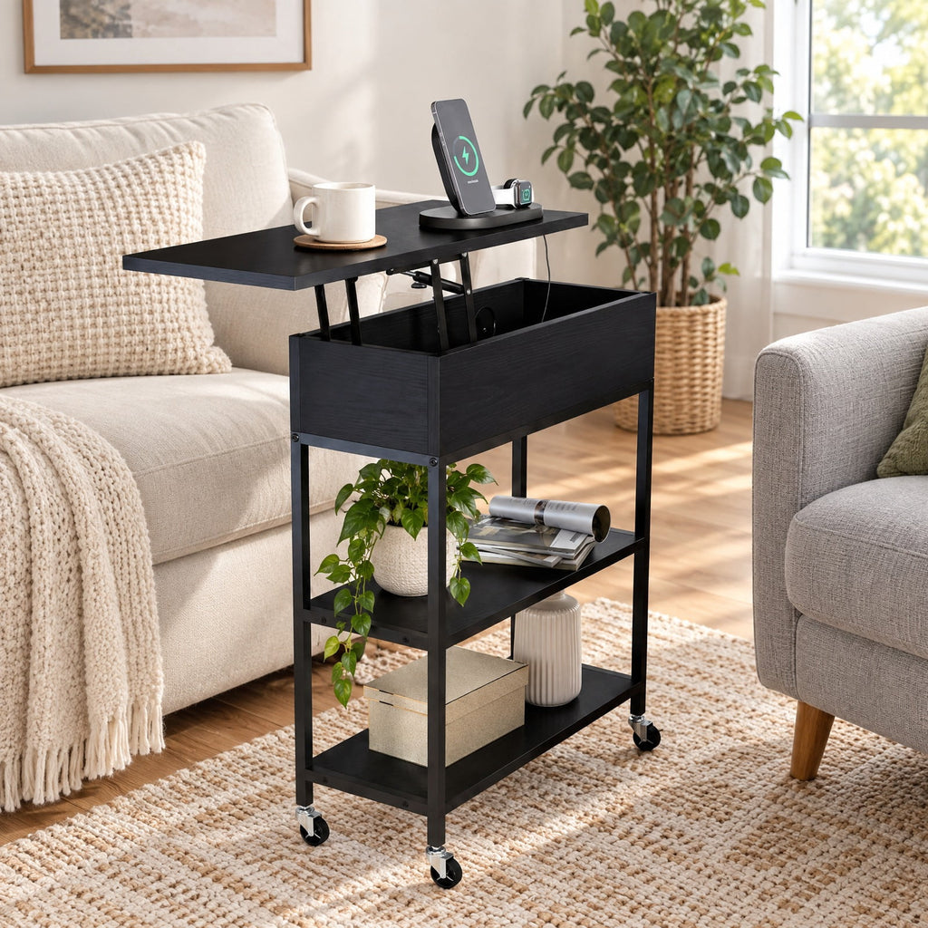 Airfind Lift Top End Table with Charging Station and Universal Wheels, 121 lbs Capacity, Engineered Wood Metal Frame, 24 x 9.5 x 25.5 Footprint
