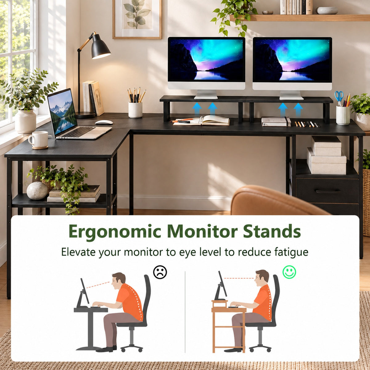 Airfind L Shaped Desk with Power Outlet Reversible Computer Desk with Monitor Stands, 155 lbs Capacity, Engineered Wood Metal Fabric Frame, Black