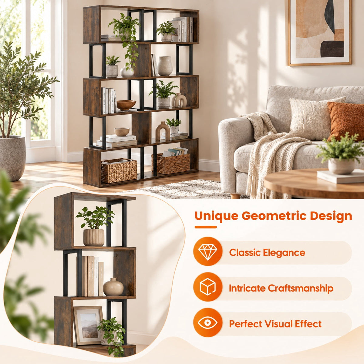 Airfind 5-Tier S-Shaped Bookshelf w/ Open Cubes Anti-toppling Kits for Living Room, 22 lbs Capacity, Engineered Wood Frame, Brown