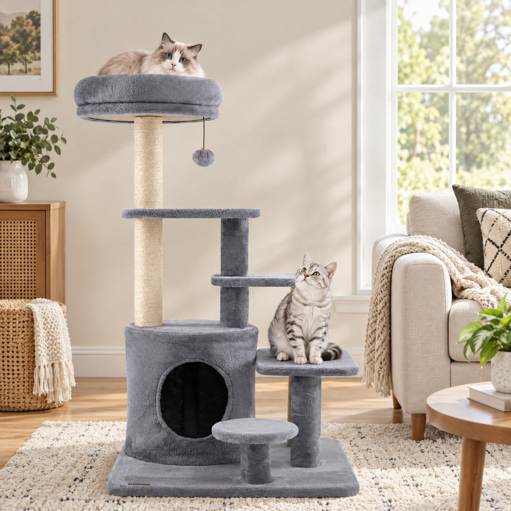Airfind 40 Inch Multi-level Cat Tower with Condo and Dangling Jingle Ball, 33 lbs Capacity, Engineered Wood Sisal Plush Fabric Frame, Gray