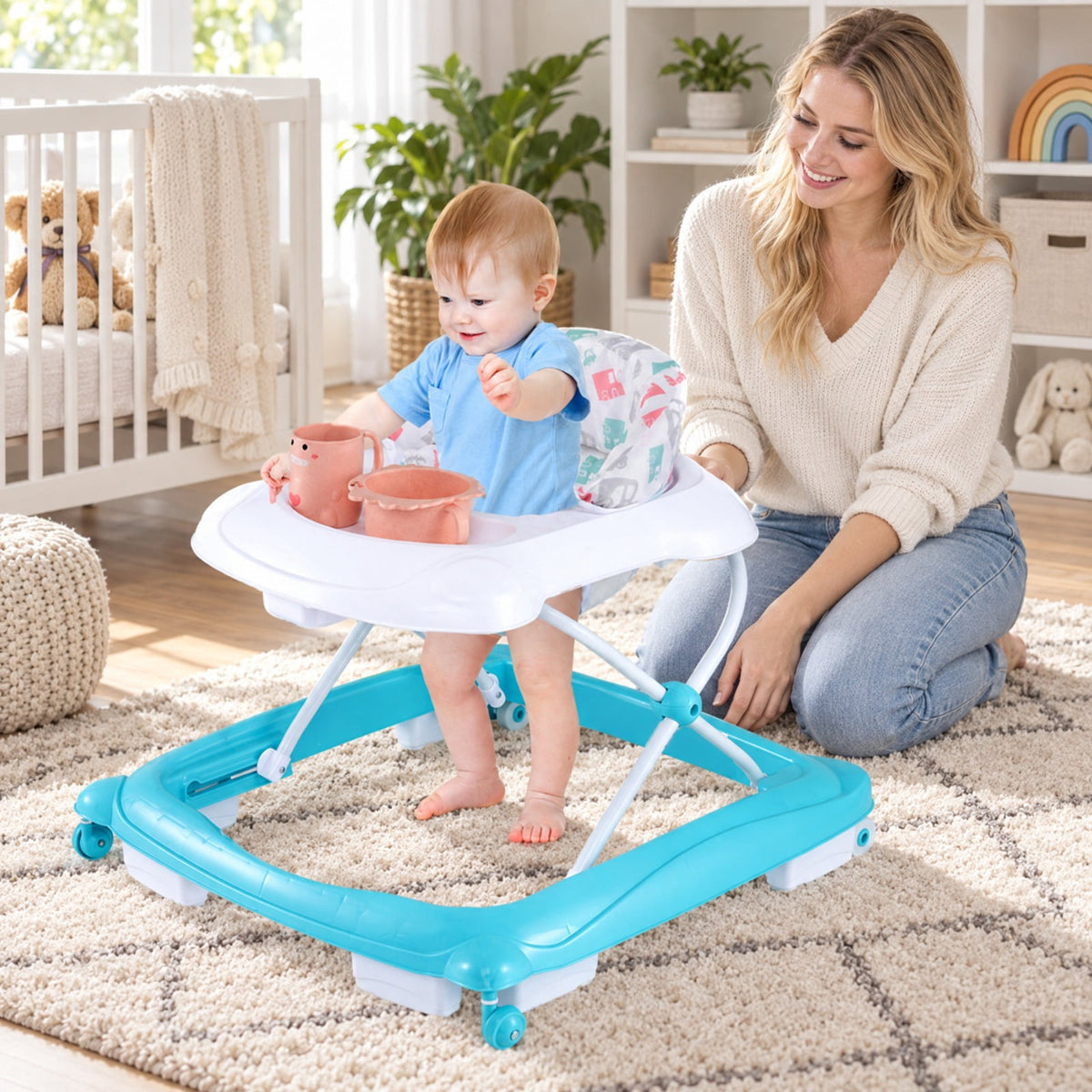 Airfind Foldable Baby Walker with 3 Adjustable Heights and Padded Seat, 26.5 lbs Capacity, PP Frame, for 7-14 months, Green