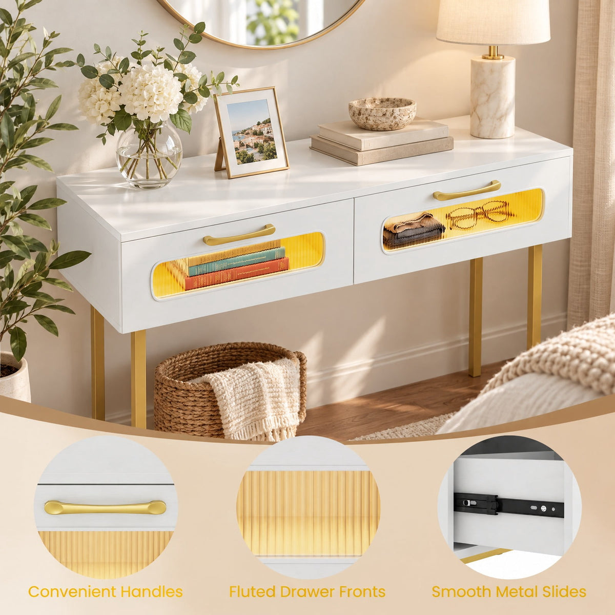 AIRFIND Console Table with LED Lights, 2 Fluted-Front Drawers and Open Shelf, 36 inch Entryway Sofa Table with Metal Legs, White and Gold