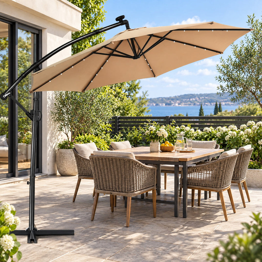 Airfind 10 ft 360° Rotation Solar Powered LED Patio Offset Umbrella without Weight Base, Steel aluminum polyester fabric Frame, 10 x 7.5 Footprint