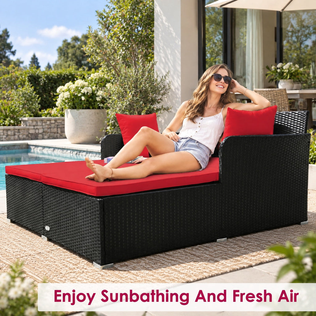 Airfind Spacious Outdoor Rattan Daybed with Upholstered Cushions and Pillows, 800 lbs Capacity, Rattan Steel Sponge Frame, Red