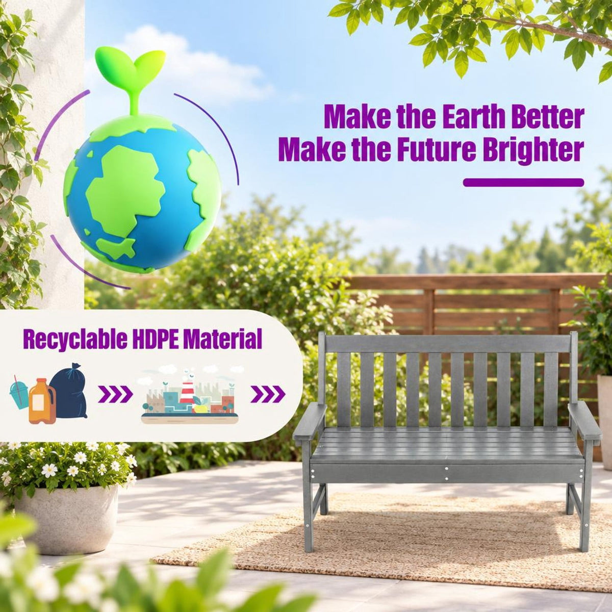 Airfind 52 Inch All-Weather HDPE Outdoor Bench with Backrest and Armrests, 705 lbs Capacity, HDPE Frame, Gray