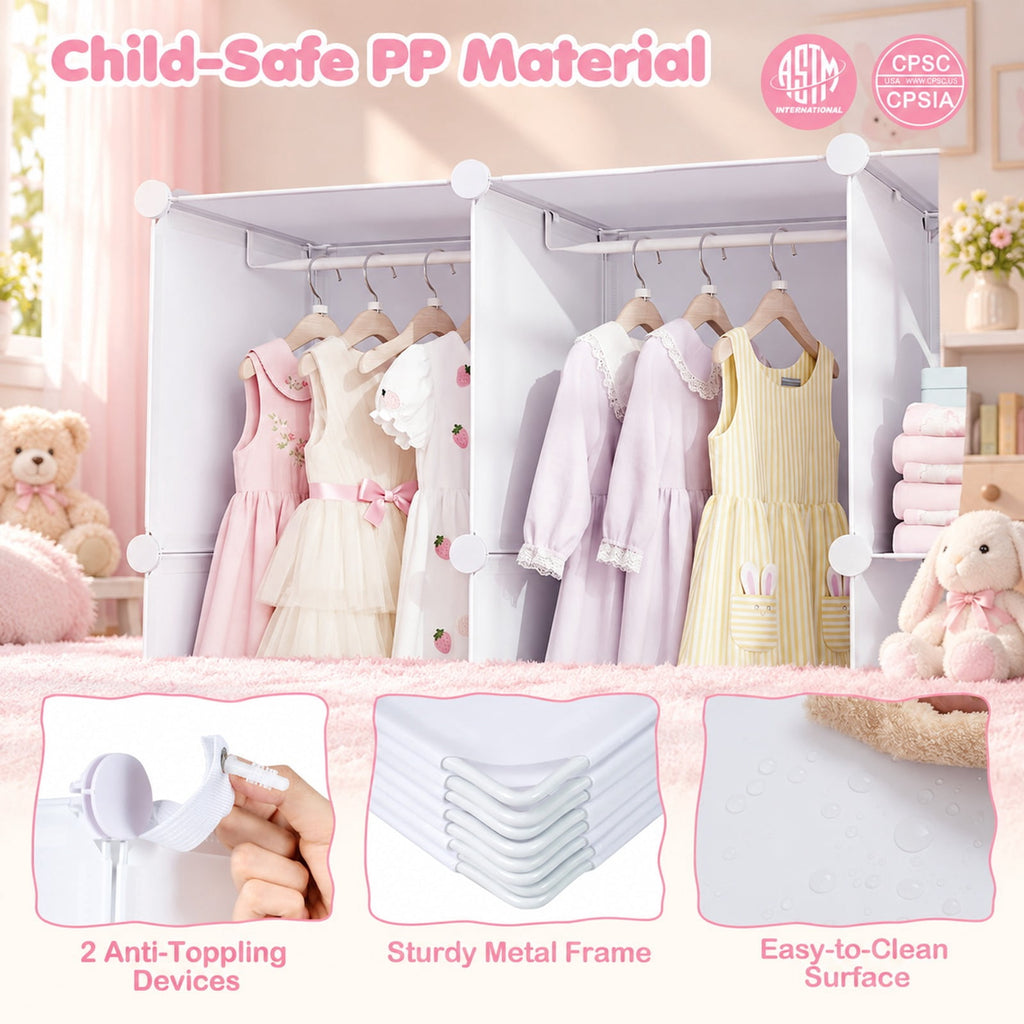 Airfind Modular Baby Wardrobe with 13 Cubes and Hanging Rod and Shelves Stackable, 6.5 lbs Capacity, PP Frame, 43 x 14 x 63 Footprint, White