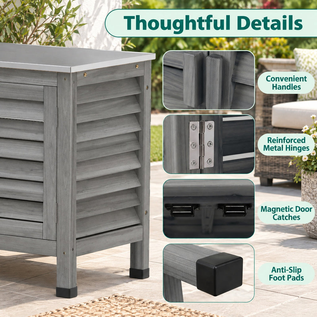 Airfind Patio Storage Cabinet with Stainless Steel Countertop and L-Shaped Shelf for Garden, 66 lbs Capacity, Fir Wood Stainless Steel Rubber Frame