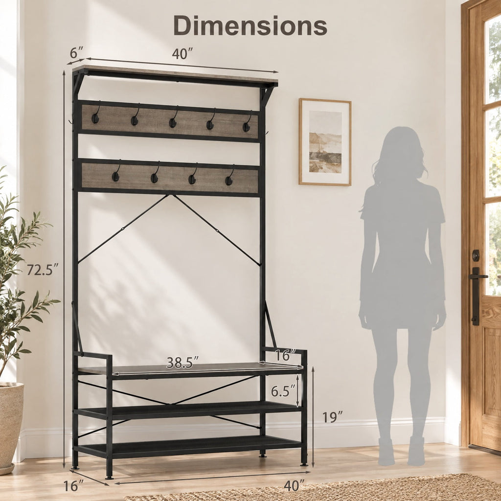 Airfind Coat Rack 4-In-1 Hall Tree with 11 Hanging Hooks Shoe Bench, 341 lbs Capacity, Engineered Wood Metal Frame, 40 x 16 x 72.5 Footprint
