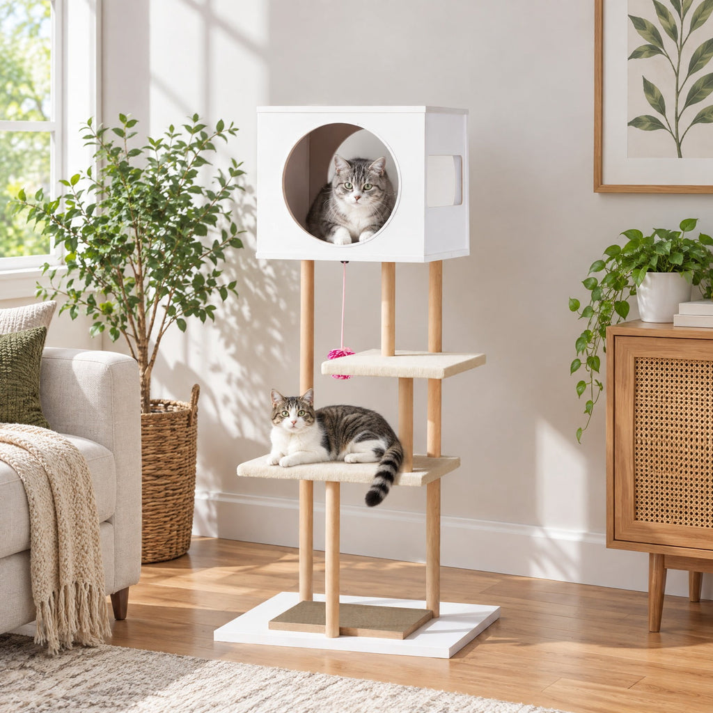 Airfind Tall Wood Cat Tower with 2 Corrugated Cardboard, 15.5 lbs Capacity, Engineered Wood Rubber Wood Corrugated Cardboard Fabric Frame, White