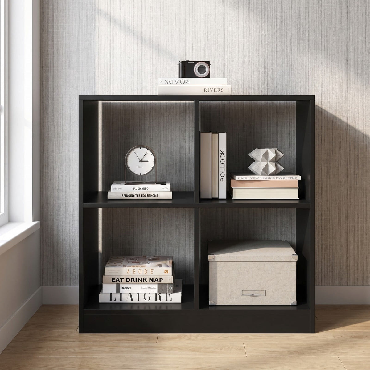 Airfind 4-Cube Kids Bookcase with Open Shelves, 60 lbs Capacity, Engineered wood Frame, 29 Inch x 13 Inch x 29 Inch Footprint, Black