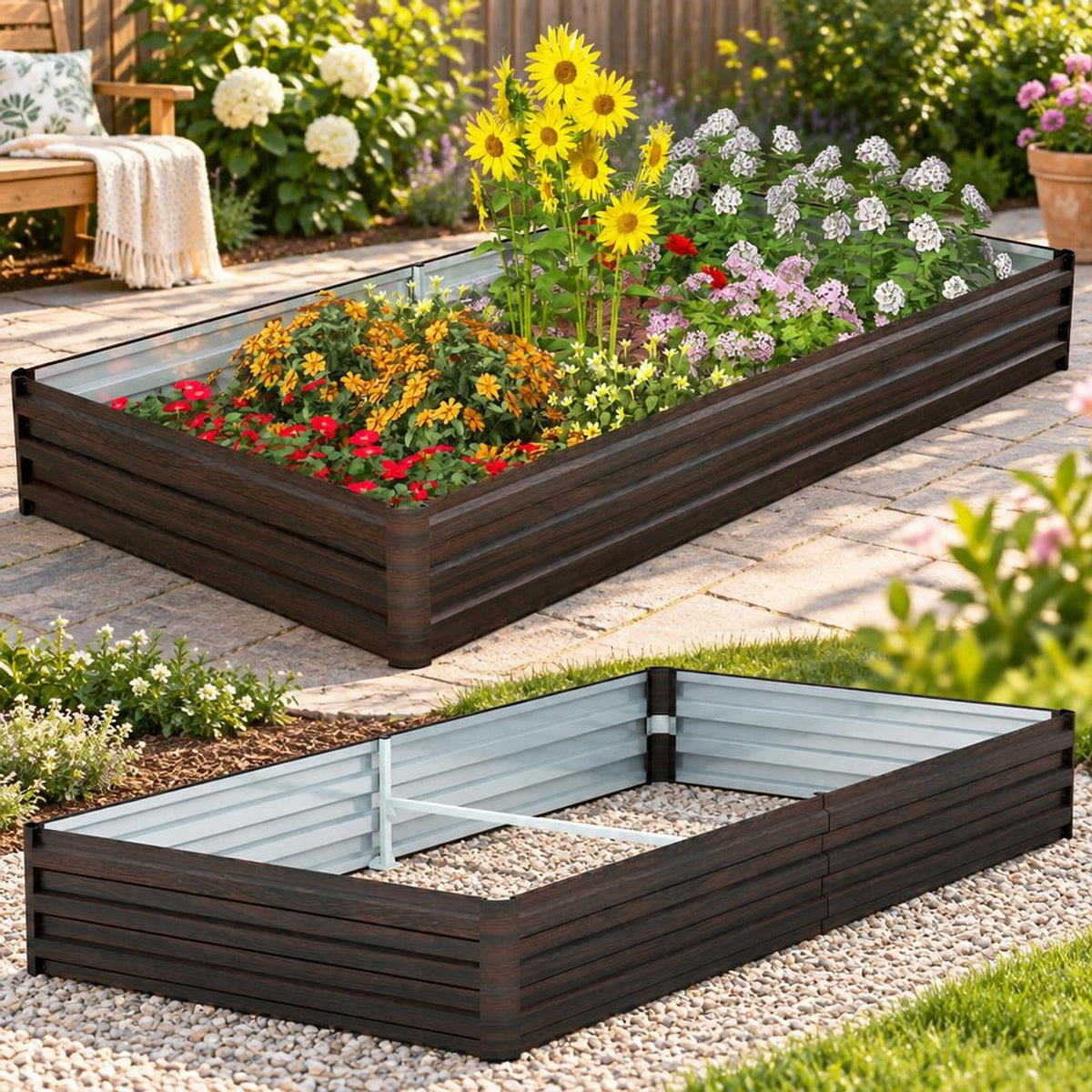 Airfind Large Outdoor Metal Planter Box for Vegetable Fruit Herb Flower, Metal Frame, 8 x 4 x 1 ft (L x W x H) Volume: 32 cu.ft Footprint, Coffee