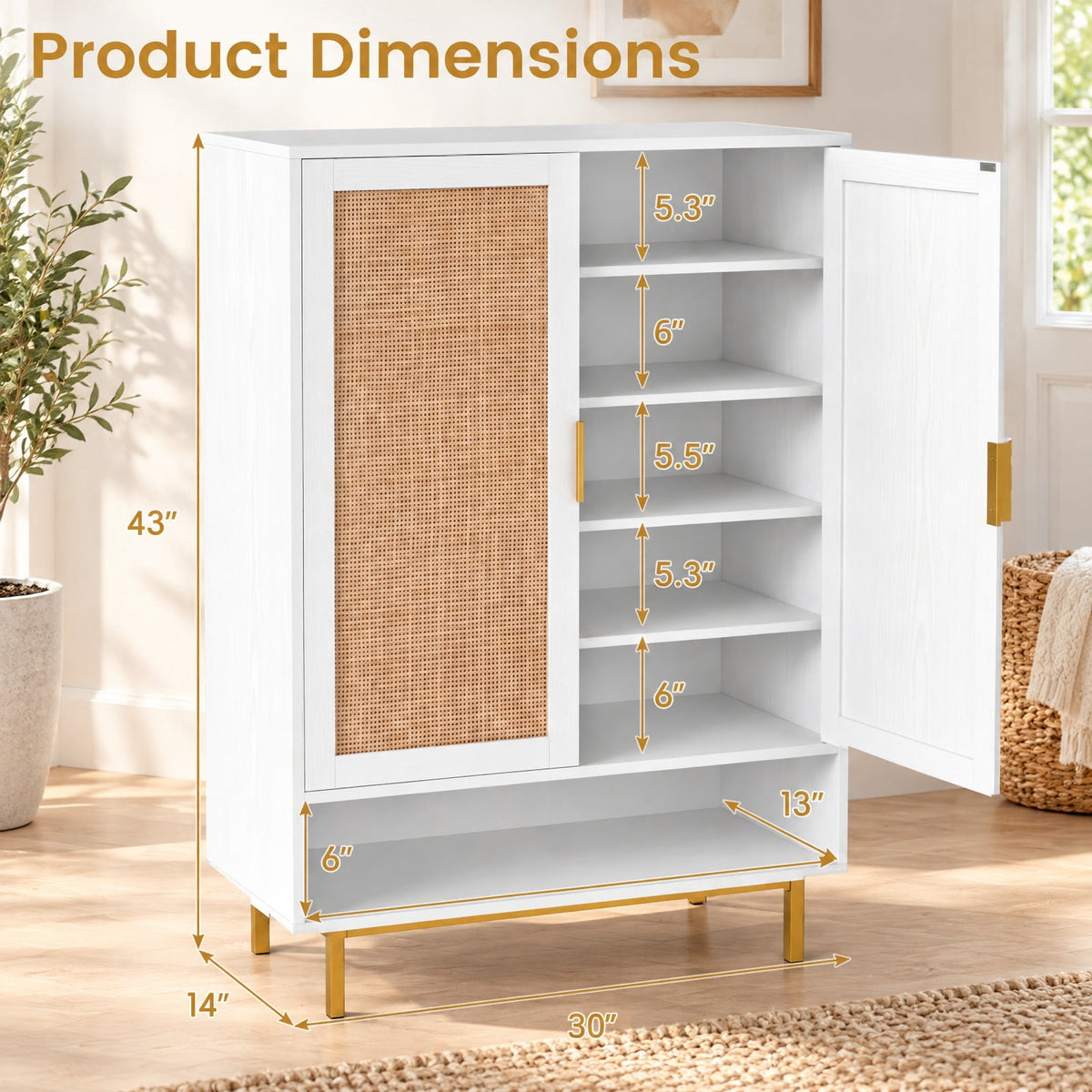 Airfind 43 Inch 6-Tier Tall Shoe Cabinet with Double Doors, 66 lbs Capacity, Engineered Wood Metal Frame, 30in x 14in x 43in Footprint, White