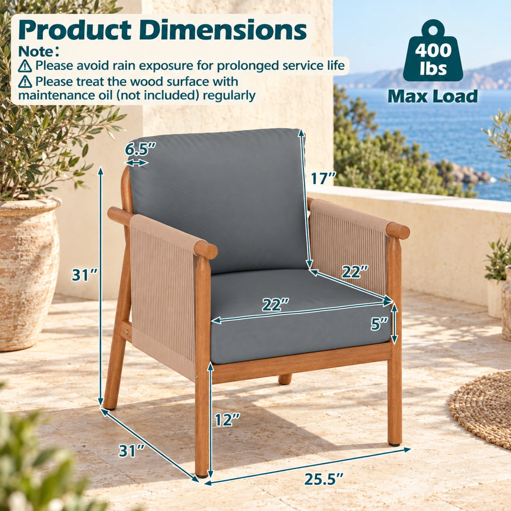 Airfind Patio Acacia Wood Chair Set of 4 with Woven Rope Armrests and Seat Back Cushions for Backyard, 400 lbs Capacity, Gray